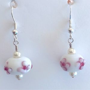 Ceramic Pink flower/Pearl earrings/Pendant set. Silver earwires and Bale